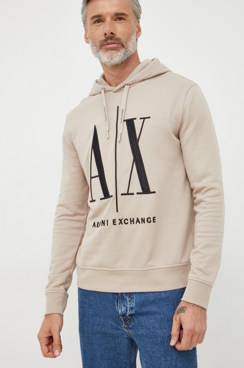 Armani Exchange hanorac de bumbac barbati, culoarea bej, cu imprimeu
