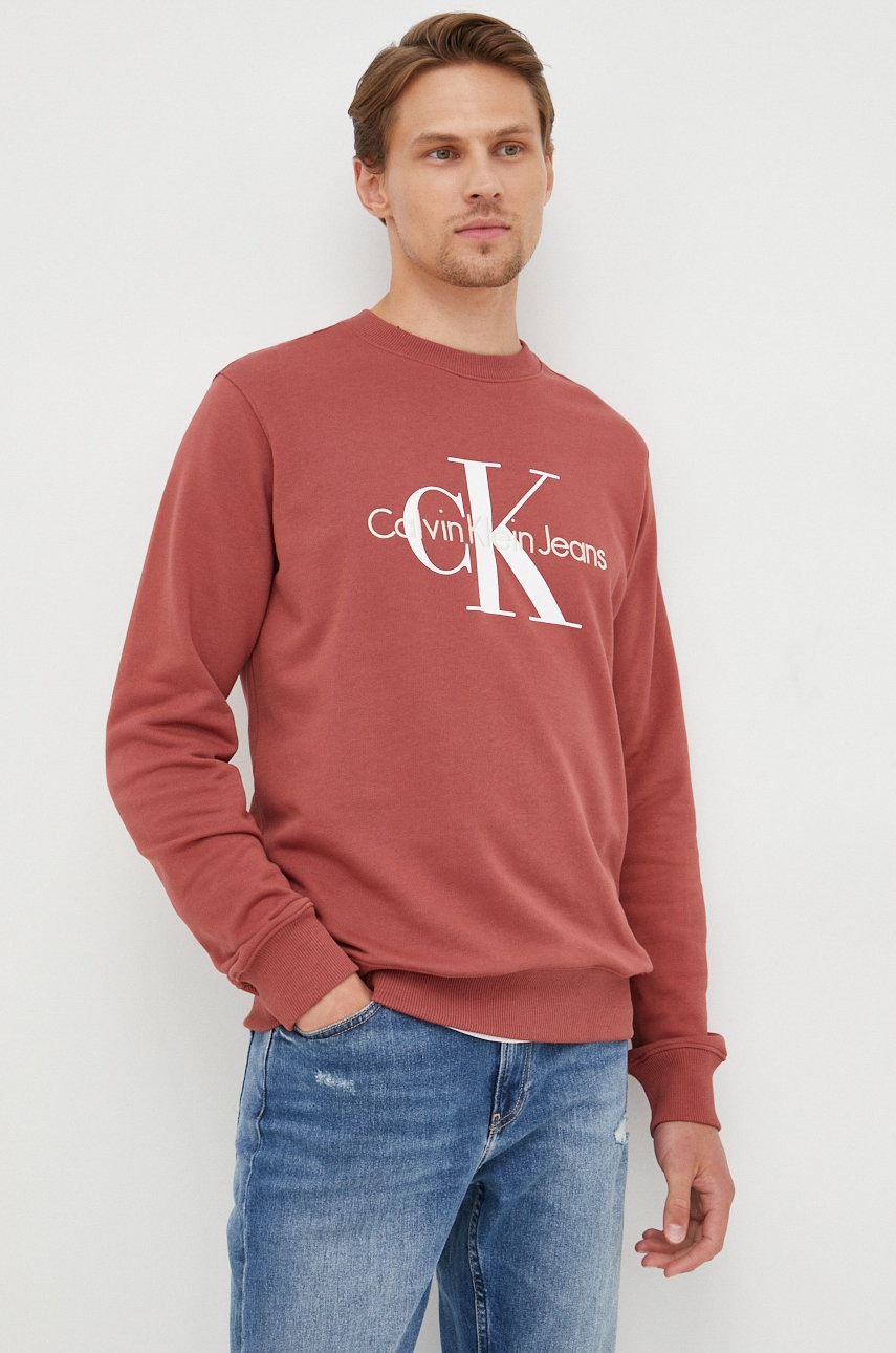 

Памучен суичър Calvin Klein Jeans в червено с апликация, Червен