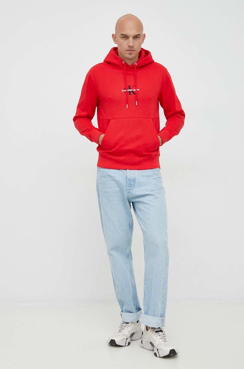 Calvin Klein Jeans bluza męska kolor czerwony z kapturem gładka