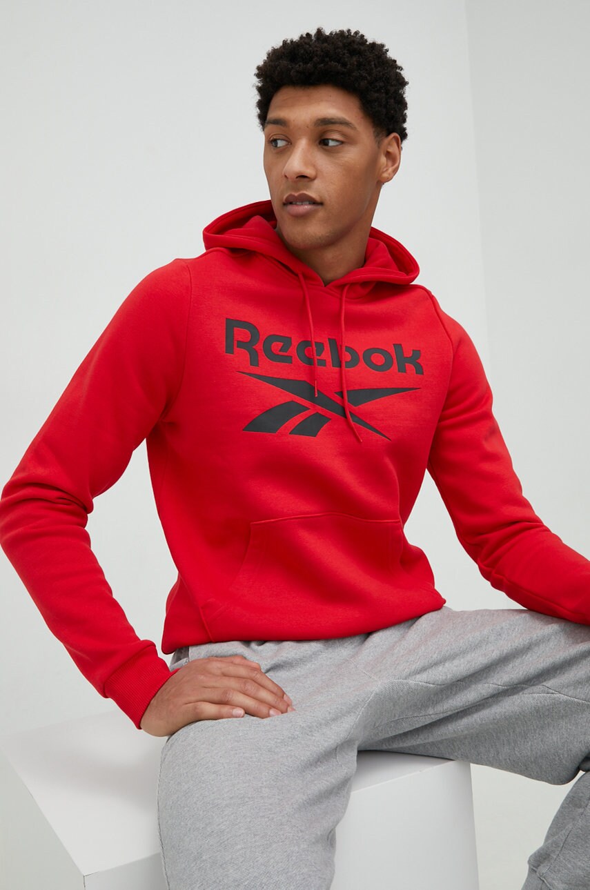 Reebok bluza barbati, culoarea rosu, cu glugă, cu imprimeu