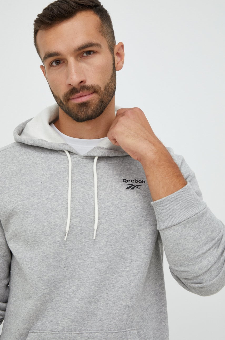 Reebok bluza barbati, culoarea gri, cu glugă, neted