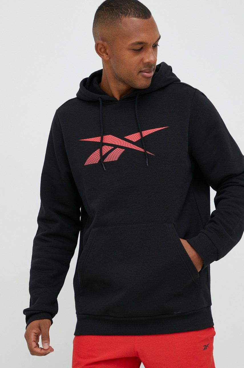 

Кофта Reebok мужская цвет чёрный с капюшоном с принтом