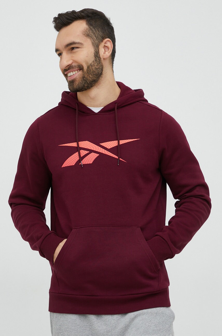 Reebok bluza barbati, culoarea bordo, cu glugă, cu imprimeu