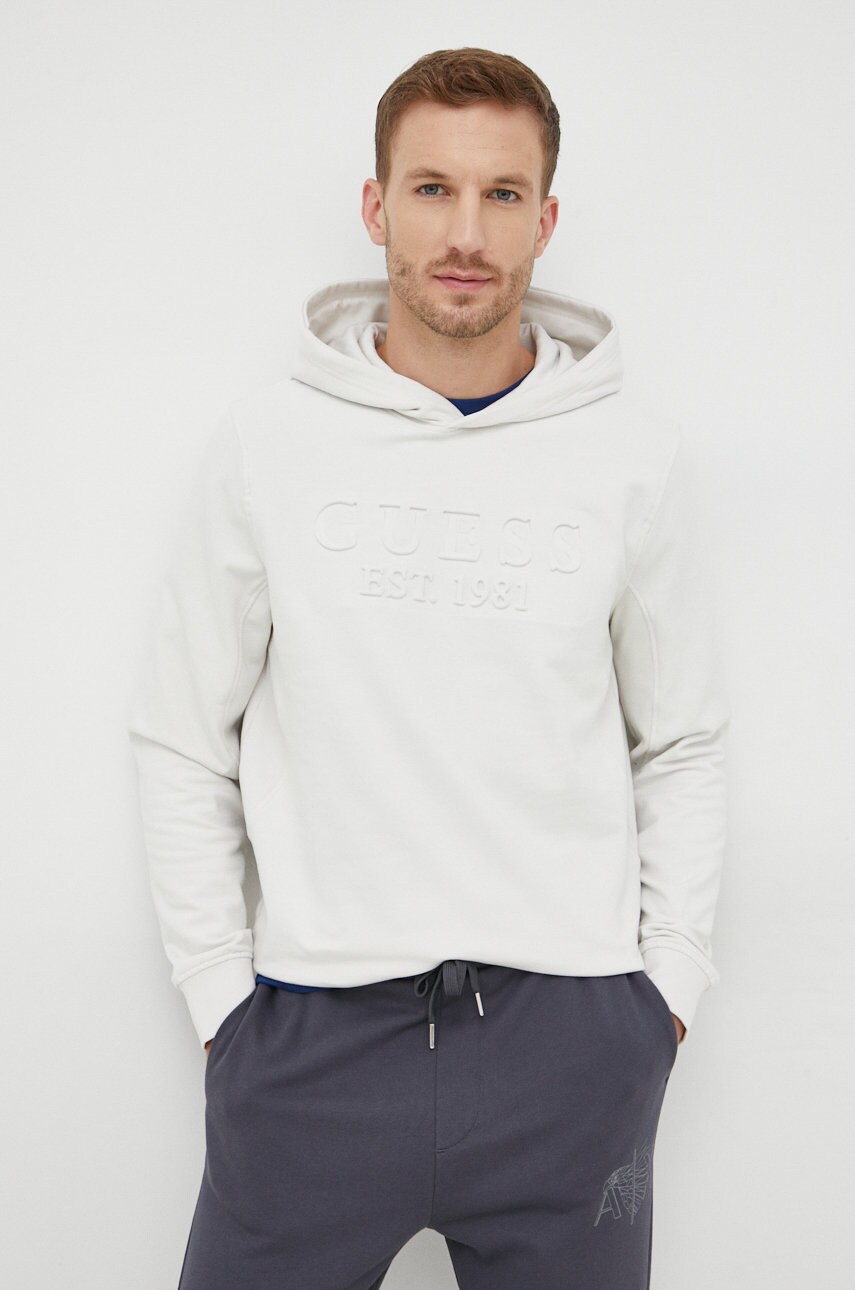 

Суичър Guess в сиво с качулка с изчистен дизайн, Сив