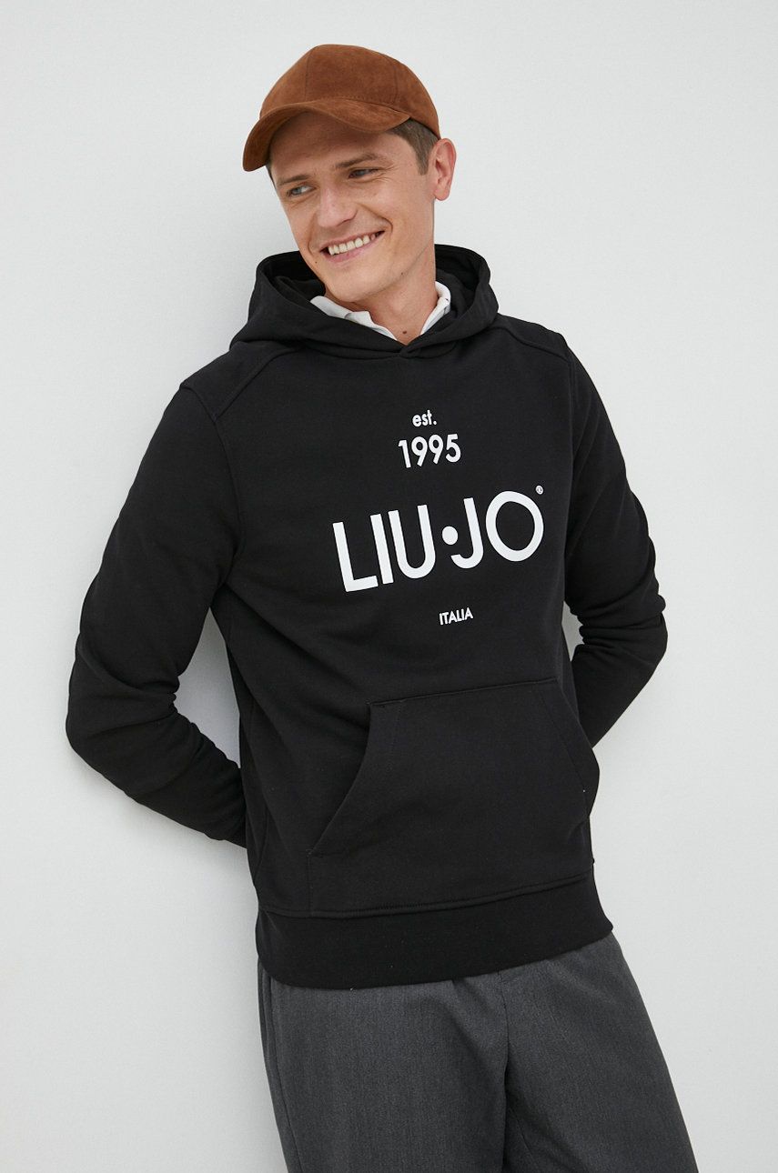 E-shop Bavlněná mikina Liu Jo pánská, černá barva, s kapucí, s potiskem