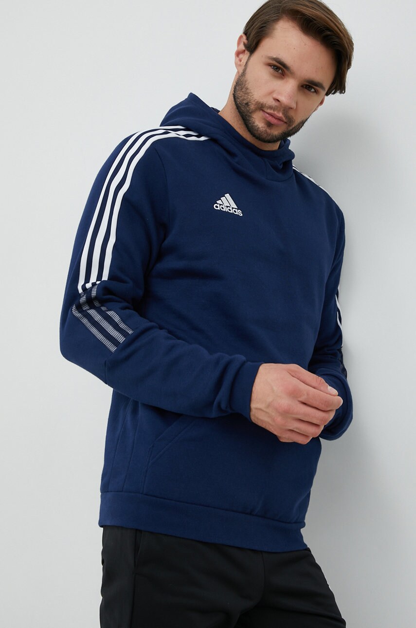 Levně Mikina adidas Performance pánská, tmavomodrá barva, s kapucí, s potiskem