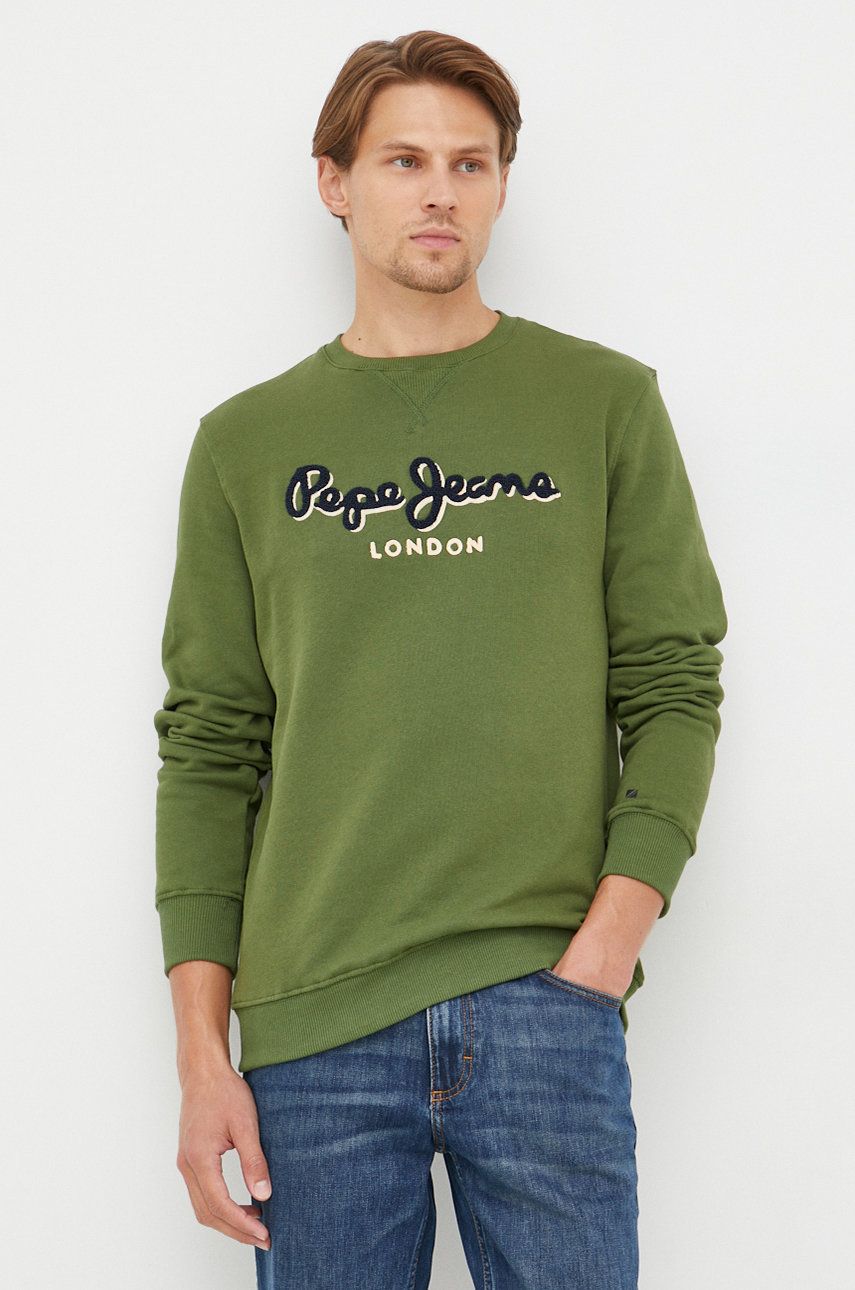 Pepe Jeans hanorac de bumbac barbati, culoarea verde, cu imprimeu answear.ro