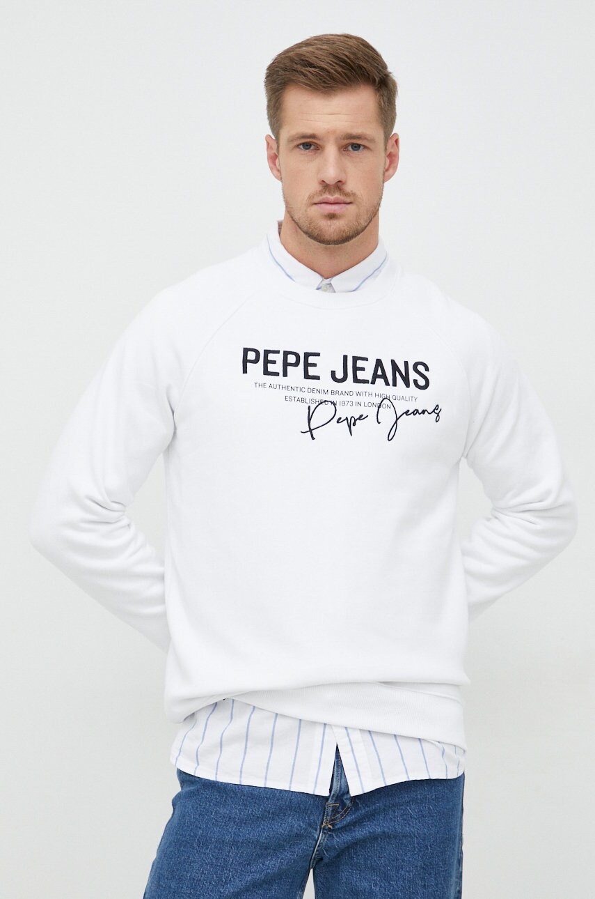 Pepe jeans hanorac de bumbac penn barbati, culoarea alb, cu imprimeu