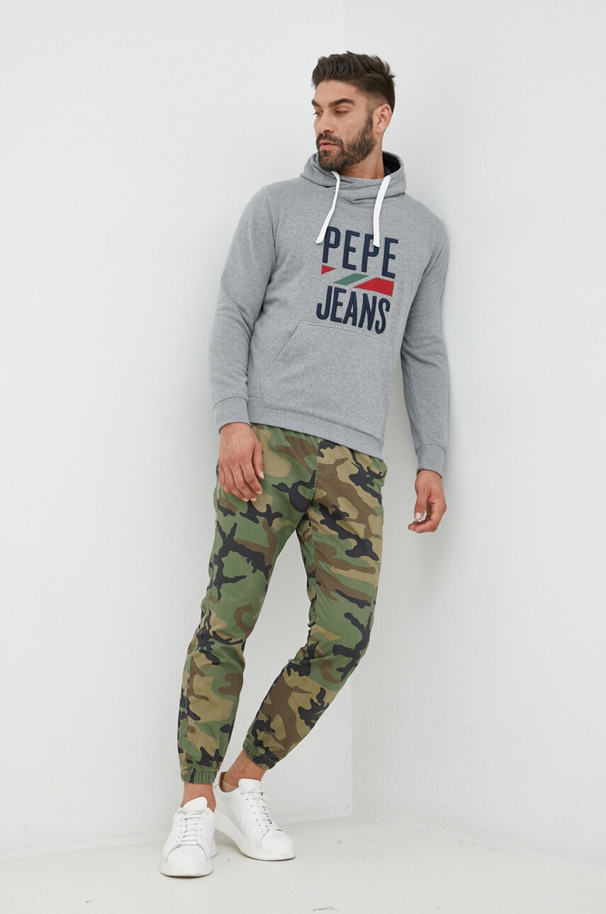 Pepe jeans bluza perrin barbati, culoarea gri, cu glugă, cu imprimeu