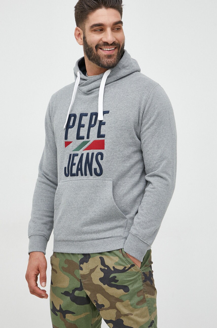 

Кофта Pepe Jeans Perrin мужская цвет серый с капюшоном с аппликацией
