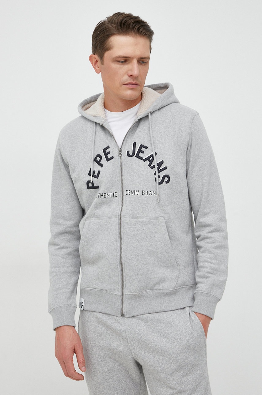 Pepe jeans hanorac de bumbac barbati, culoarea gri, cu glugă, cu imprimeu