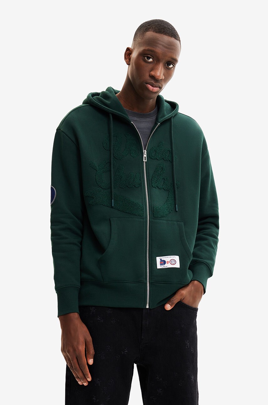 Desigual hanorac de bumbac barbati, culoarea verde, neted