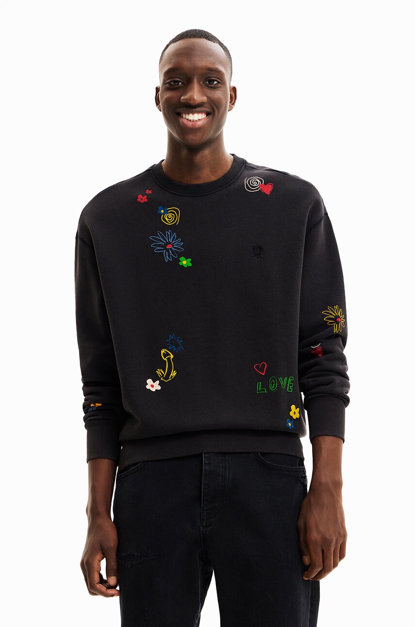 Desigual hanorac de bumbac barbati, culoarea negru, cu imprimeu