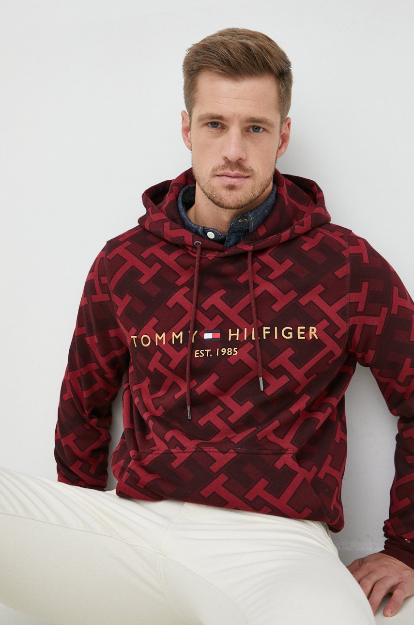 

Суичър Tommy Hilfiger в бордо с качулка с десен