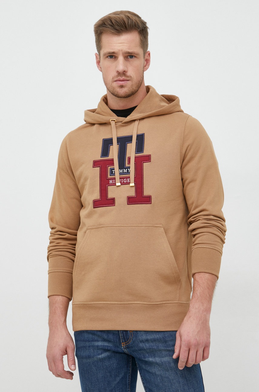 

Памучен суичър Tommy Hilfiger в кафяво с апликация, Кафяв
