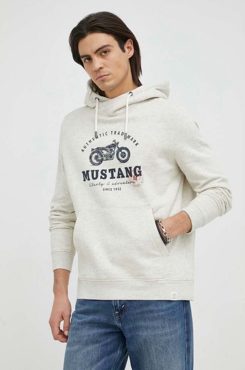 Mustang bluza barbati, culoarea bej, cu glugă, cu imprimeu