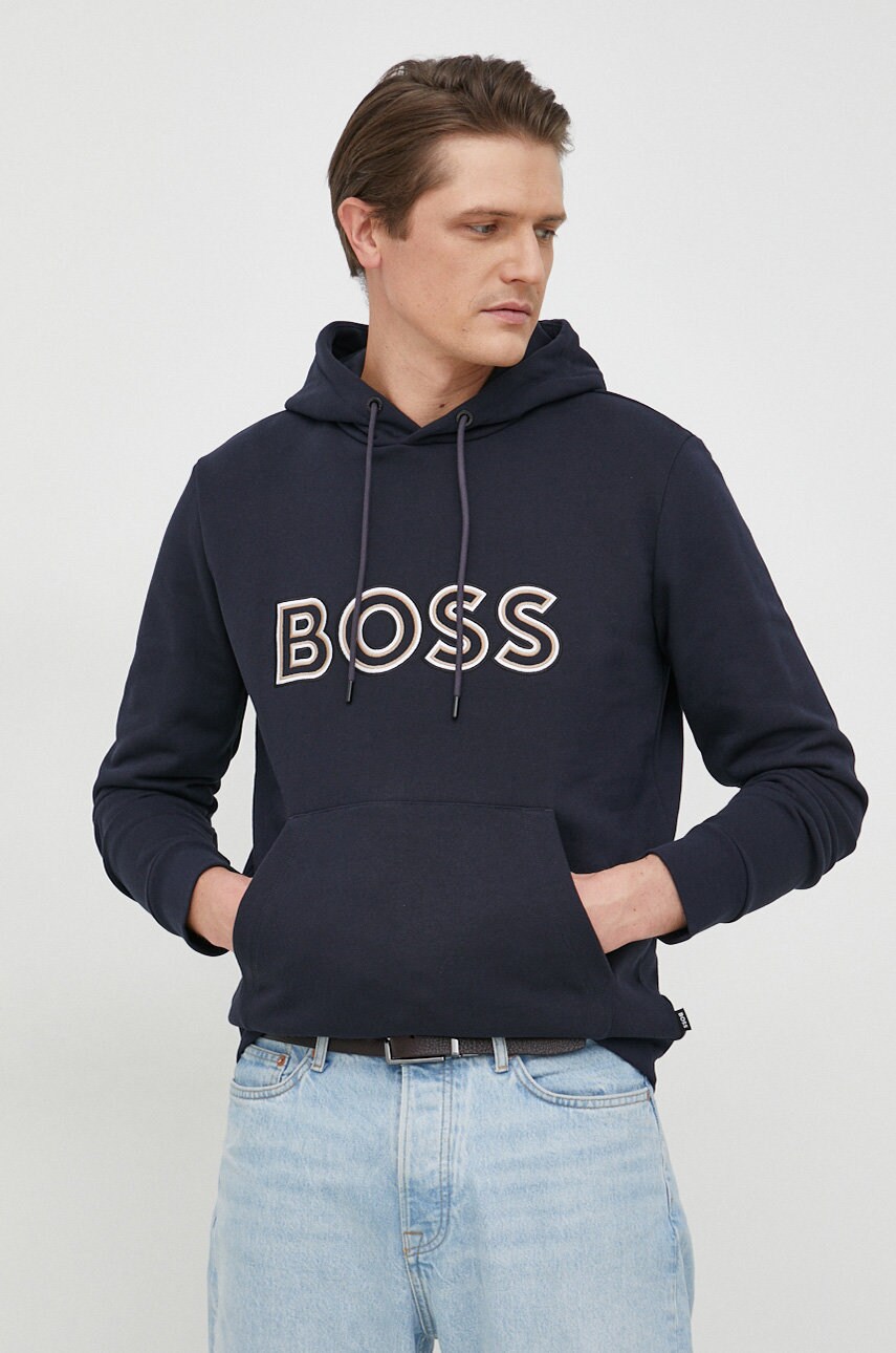 

Кофта BOSS мужская цвет синий с капюшоном с аппликацией