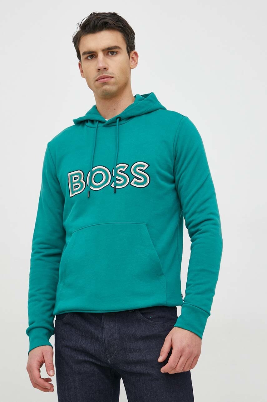 

Суичър BOSS в зелено с качулка с апликация, Зелен