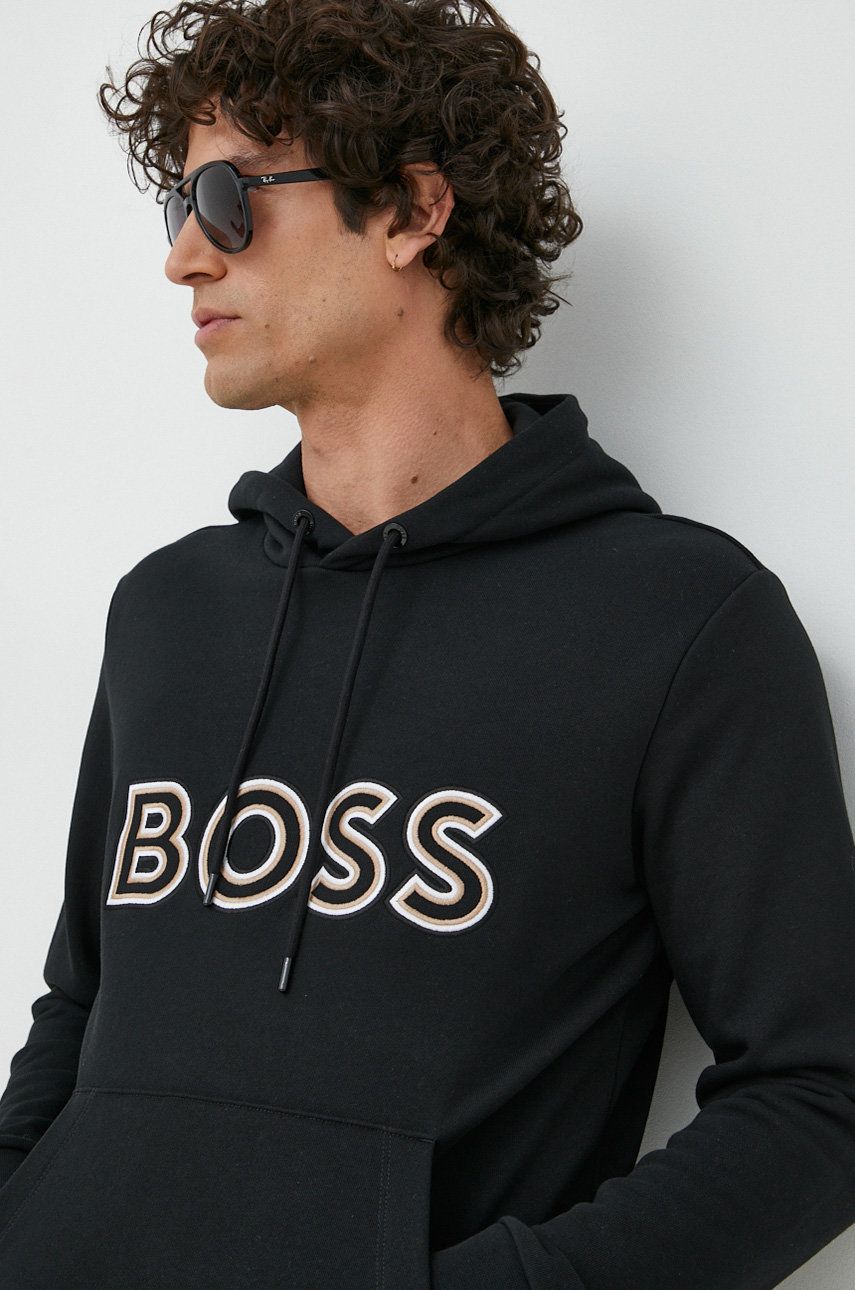 BOSS bluza barbati, culoarea negru, cu glugă, cu imprimeu