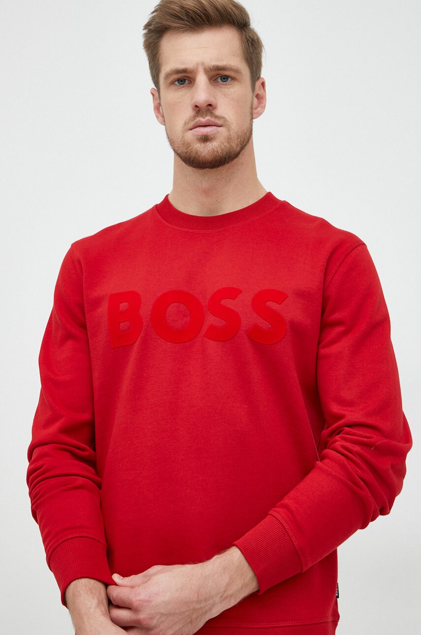 Boss hanorac de bumbac barbati, culoarea rosu, cu imprimeu