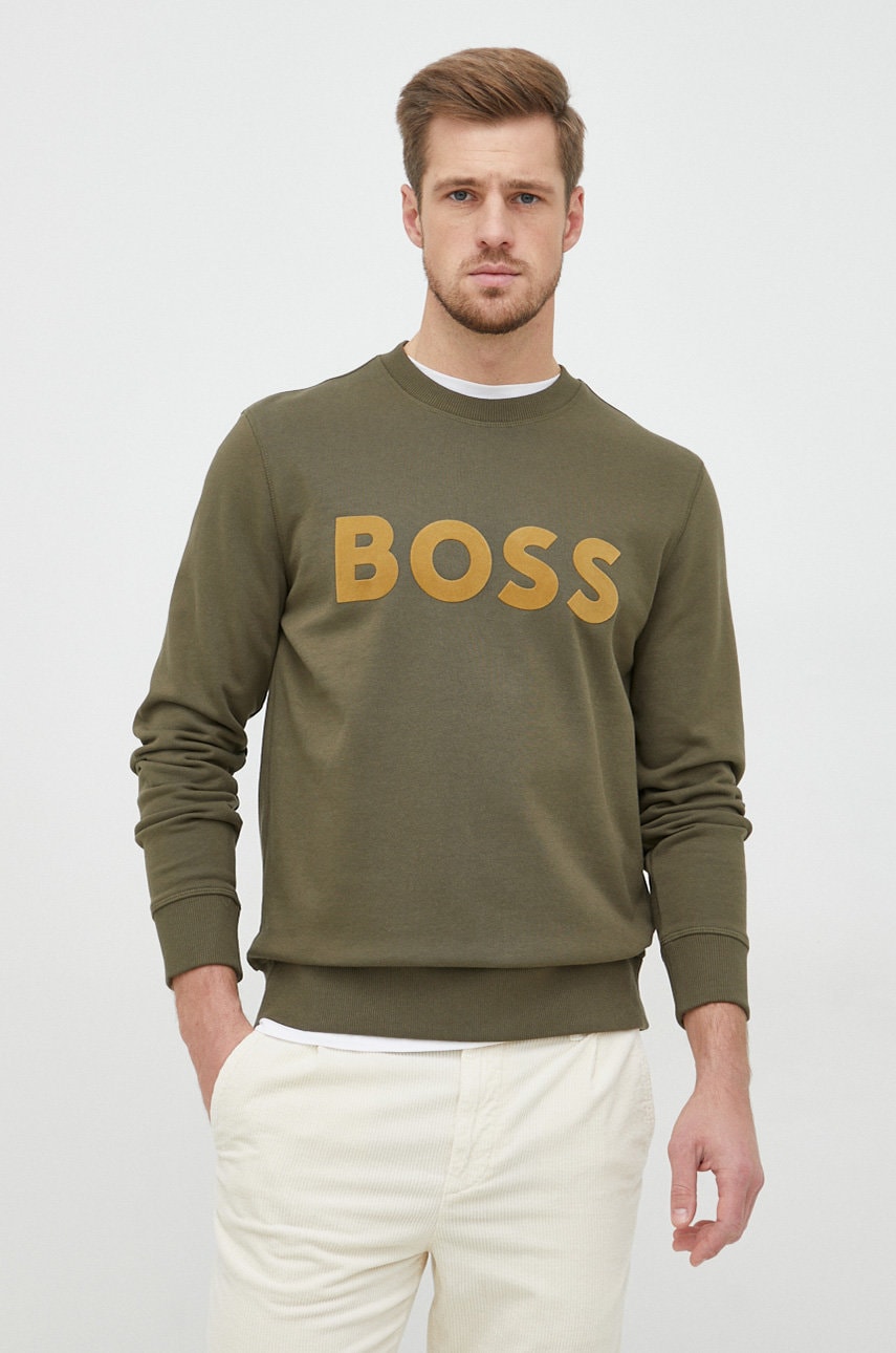 Boss hanorac de bumbac barbati, culoarea verde, cu imprimeu