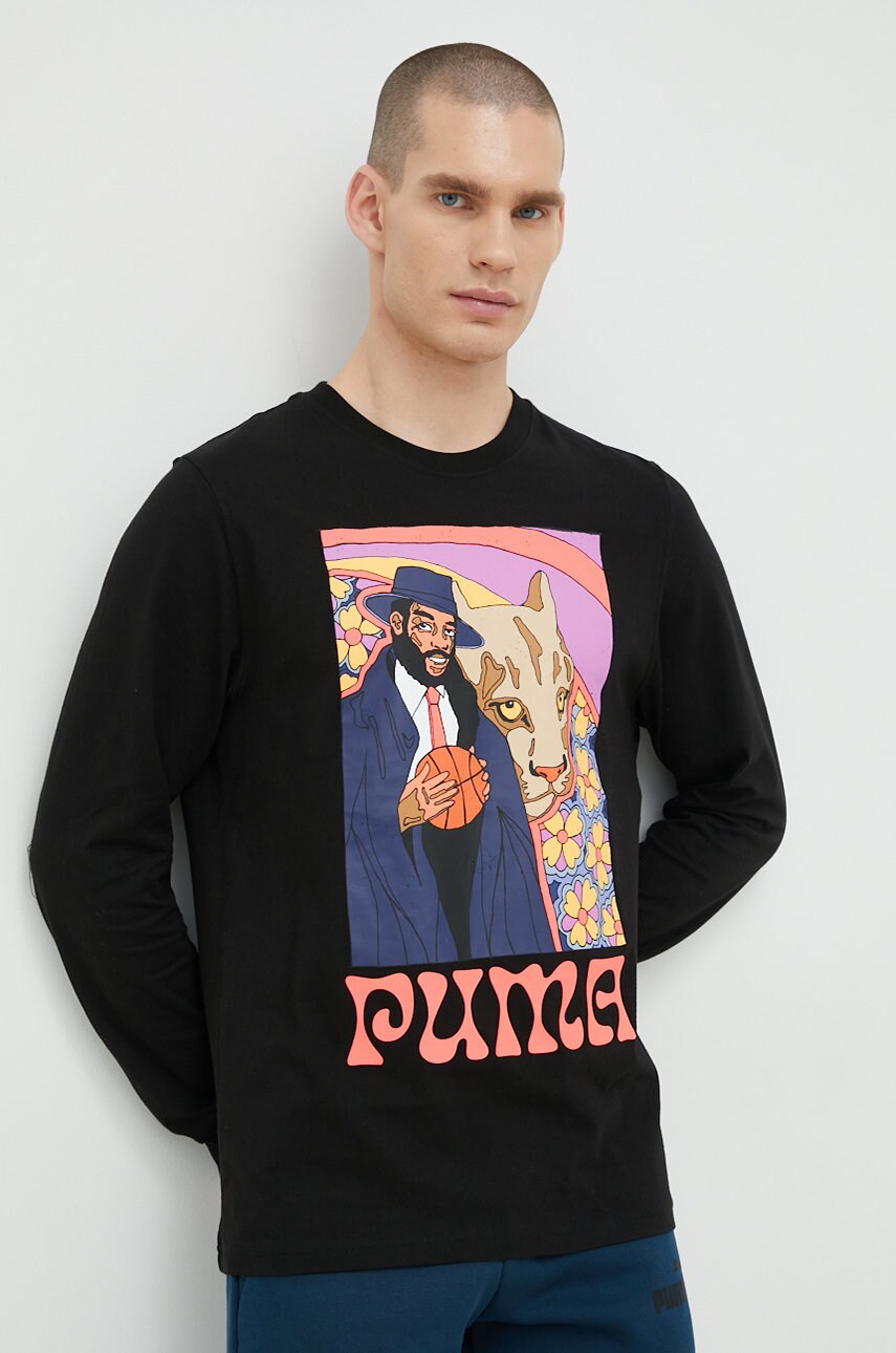 Puma longsleeve din bumbac culoarea negru, cu imprimeu