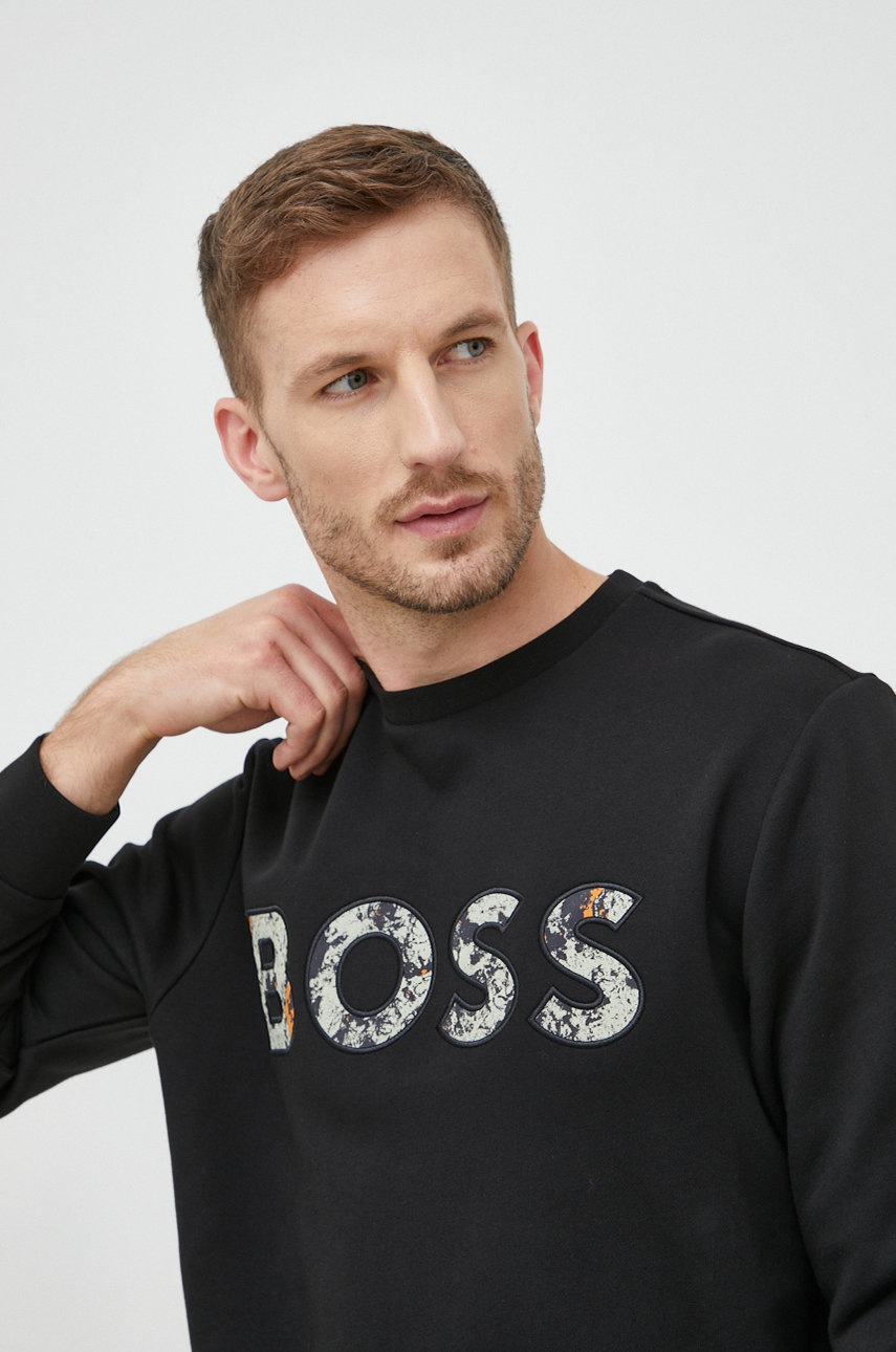 

Памучен суичър BOSS в черно с апликация, Черен