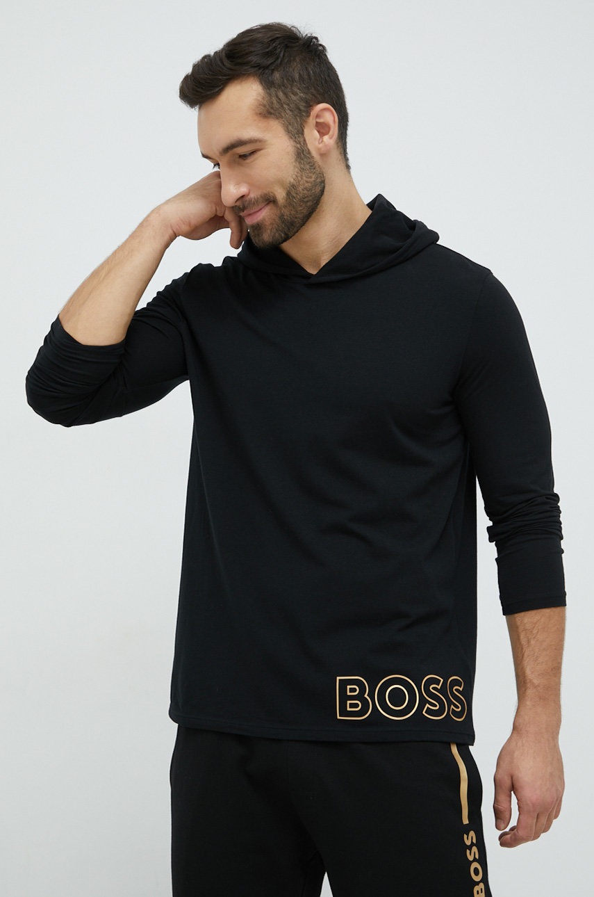 

Домашен суичър BOSS в черно с качулка с принт, Черен
