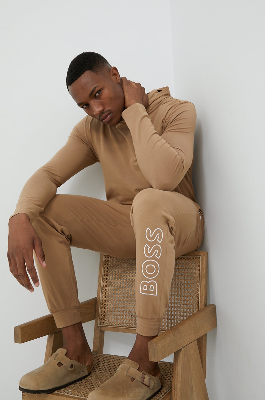 

Домашен суичър BOSS в бежово с качулка с принт, Бежов