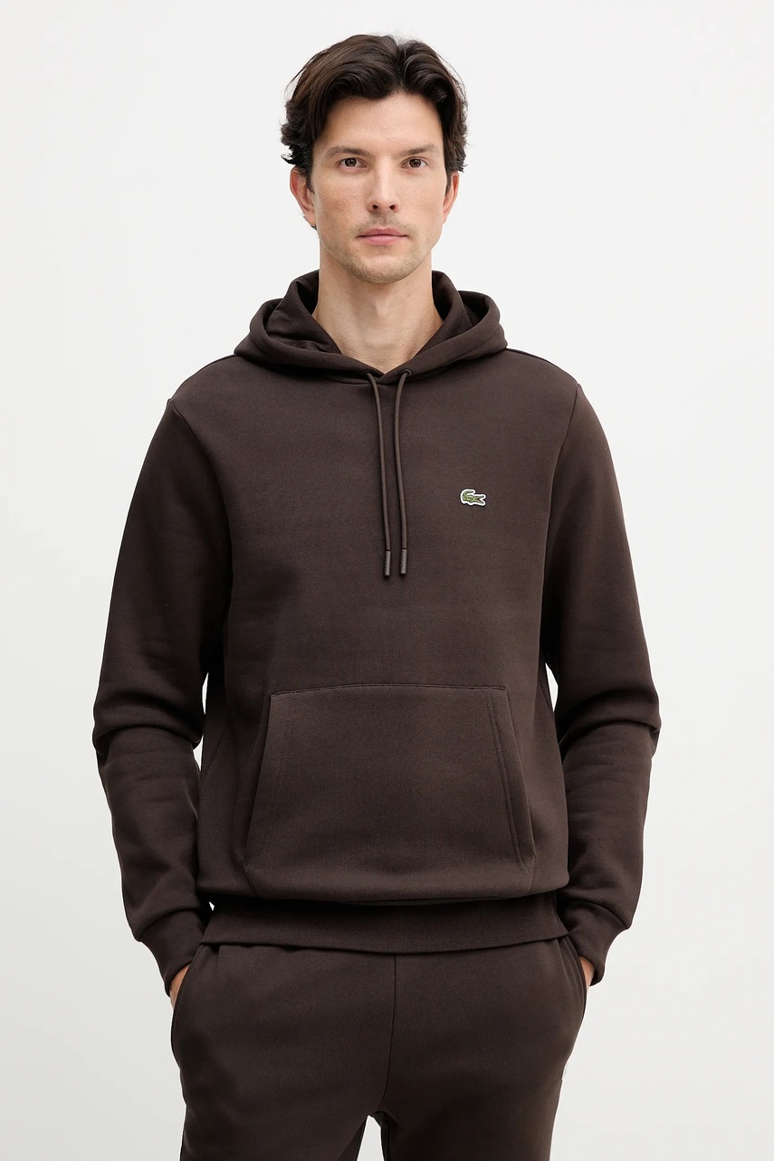 Lacoste bluză culoarea negru, cu glugă, uni, SH9623