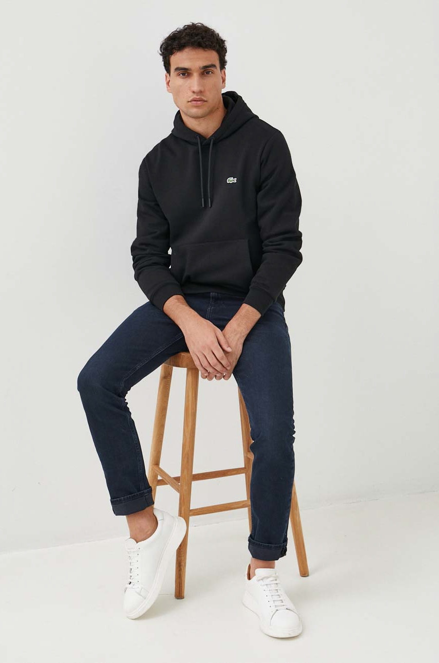Lacoste bluza culoarea negru, cu glugă, neted