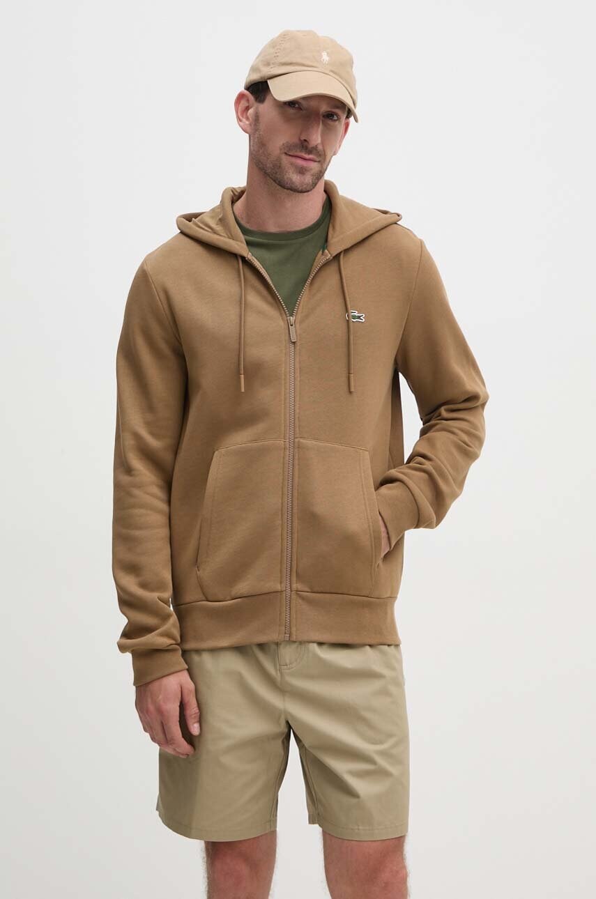 Lacoste bluza barbati, culoarea maro, cu glugă, neted