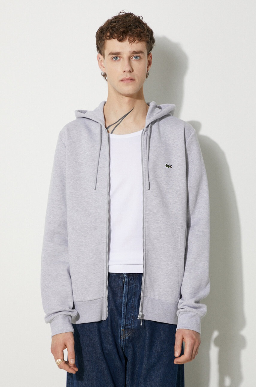 Lacoste bluza męska kolor szary z kapturem gładka