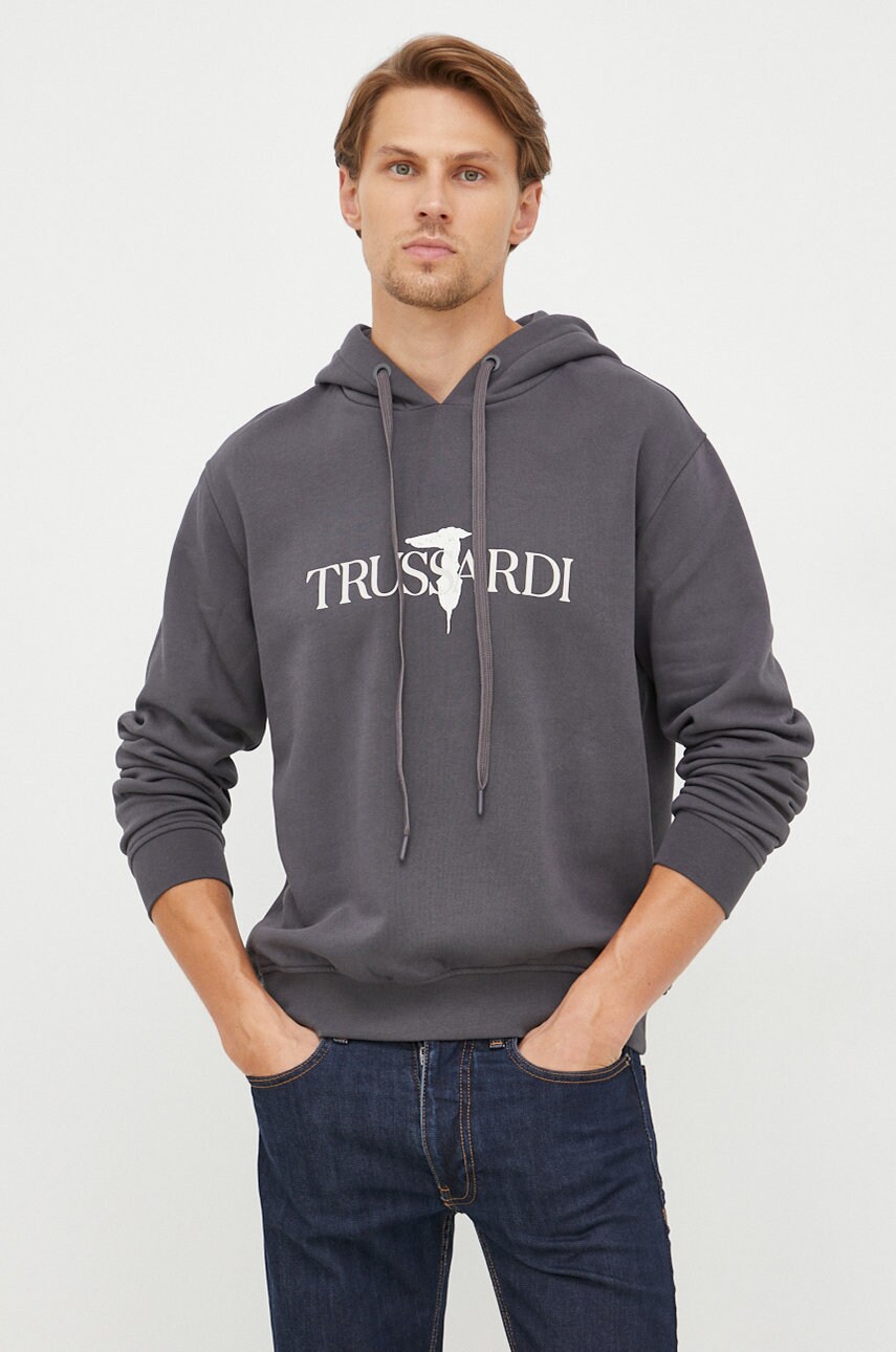 

Памучен суичър Trussardi в зелено с качулка с принт, Сив