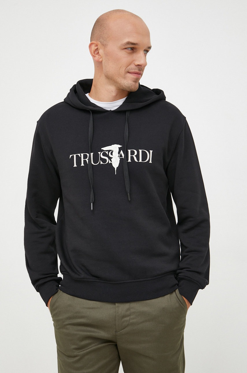 

Хлопковая кофта Trussardi мужская цвет чёрный с капюшоном с принтом