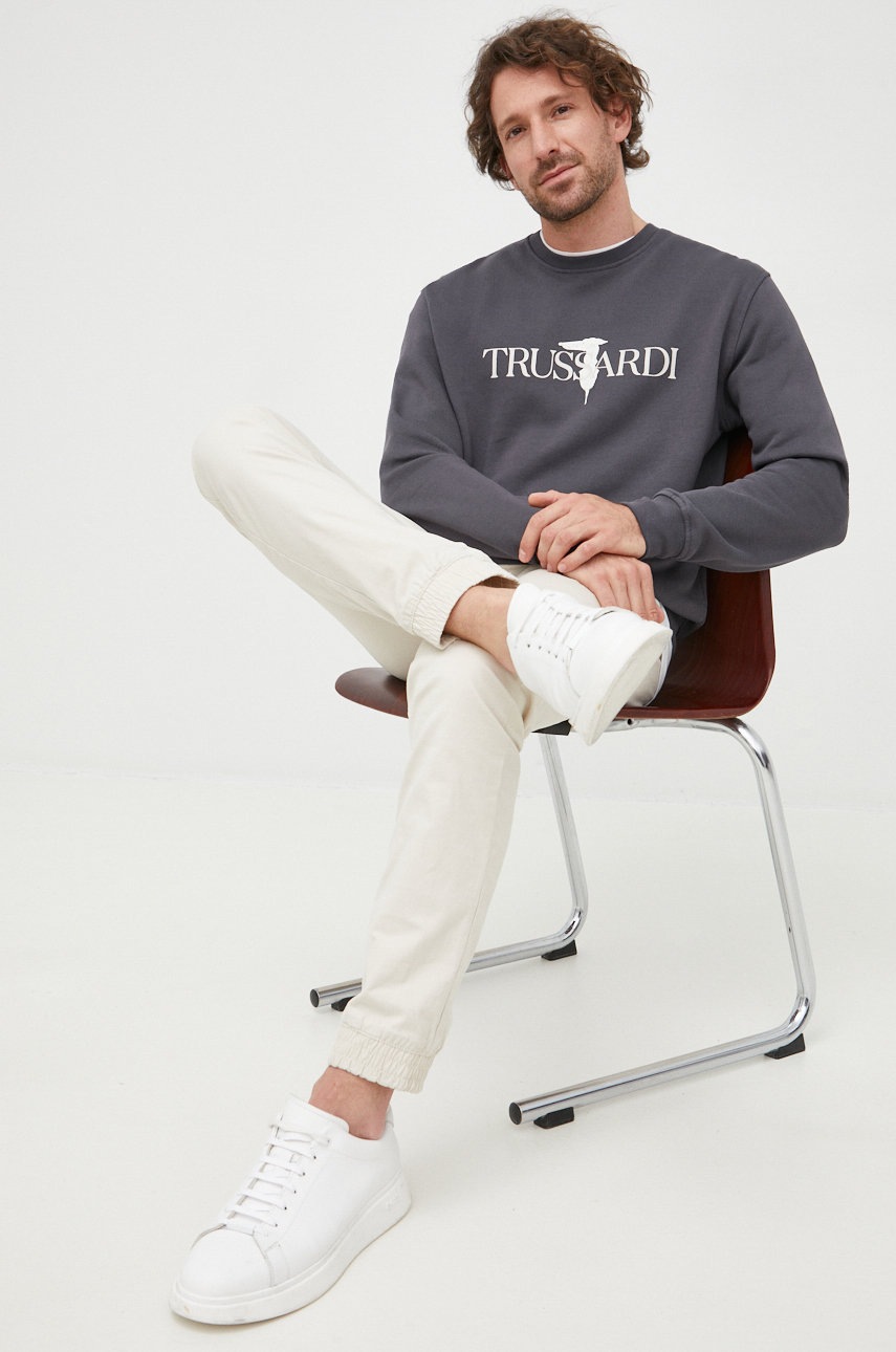 

Памучен суичър Trussardi в сиво с принт, Сив