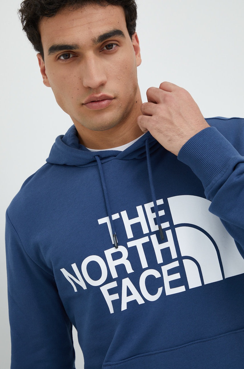 

Памучен суичър The North Face с качулка с принт, Син