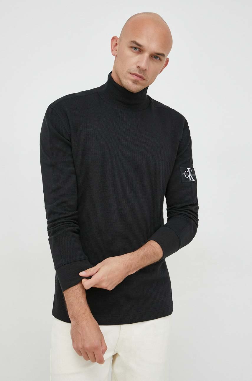 

Памучна блуза с дълги ръкави Calvin Klein Jeans в черно с апликация, Черен