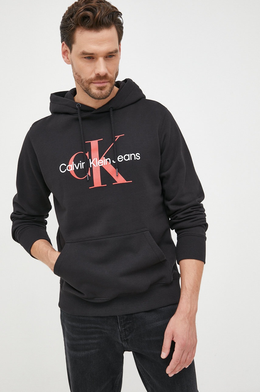 

Памучен суичър Calvin Klein Jeans в черно с принт, Черен