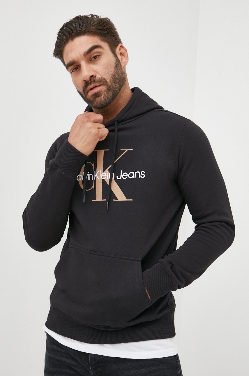 

Памучен суичър Calvin Klein Jeans в черно с принт, Черен