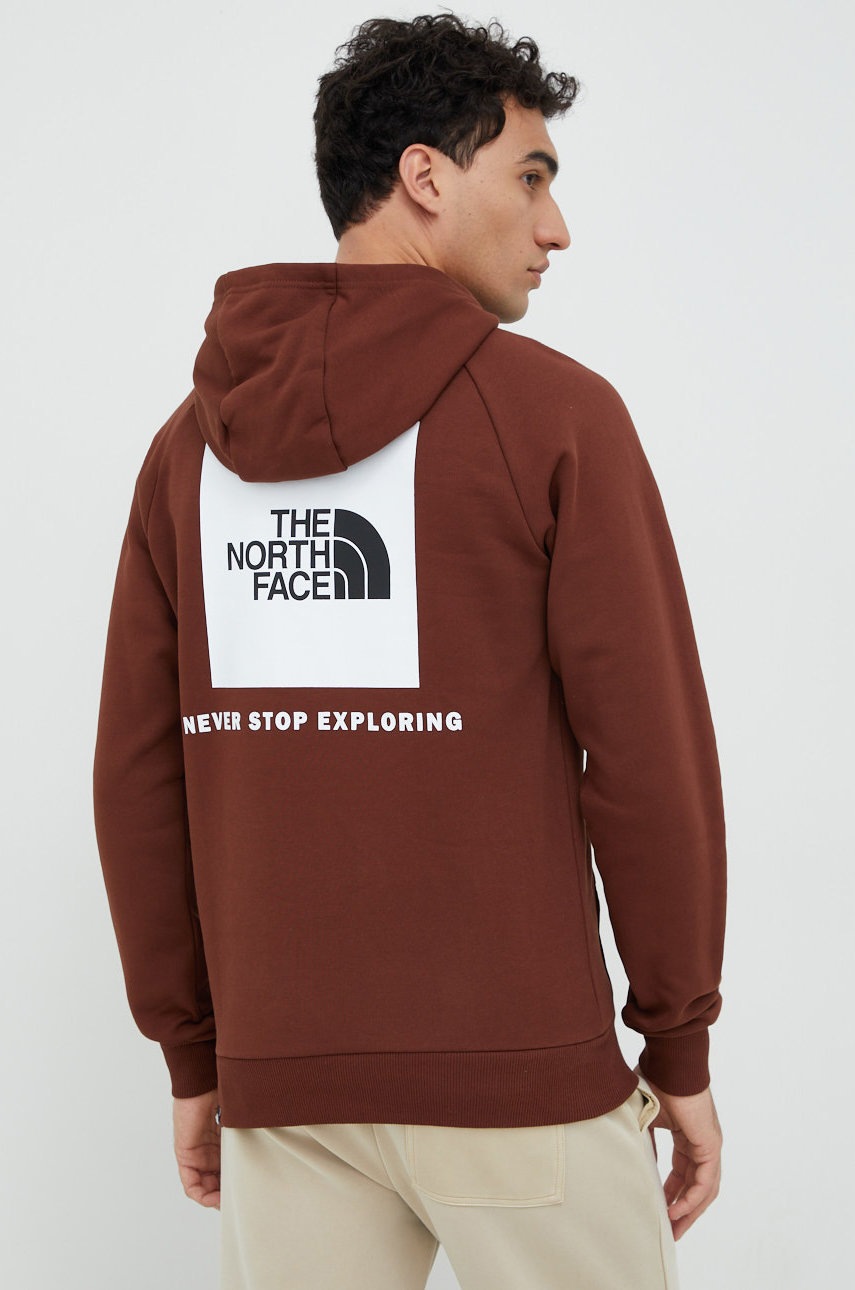 

Памучен суичър The North Face в кафяво с качулка с принт, Кафяв