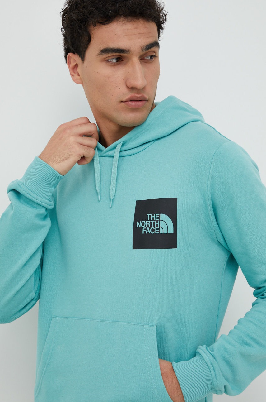 

Памучен суичър The North Face в тюркоазено с качулка с принт, Тюркоазен