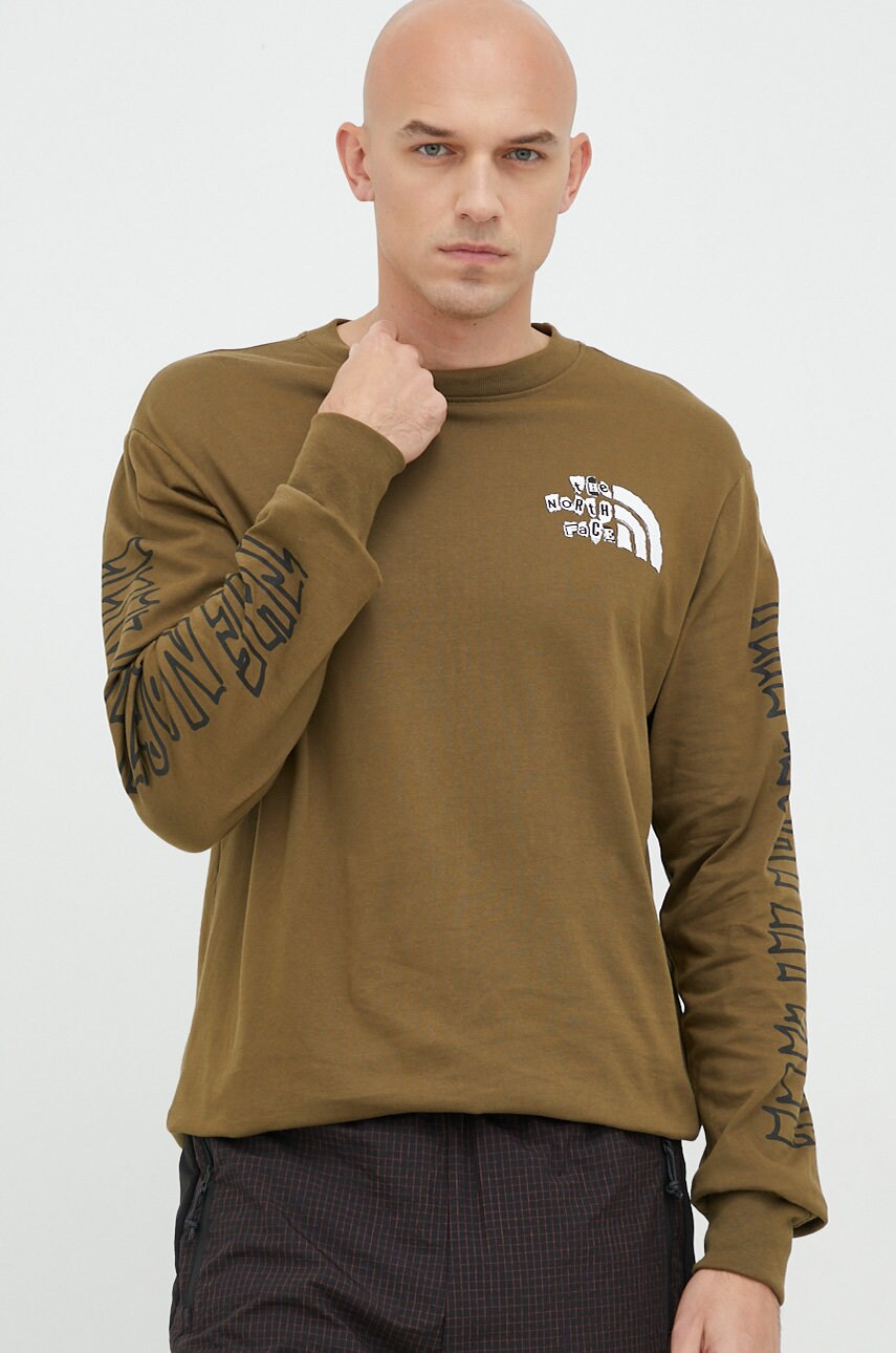 The north face longsleeve din bumbac culoarea verde, cu imprimeu