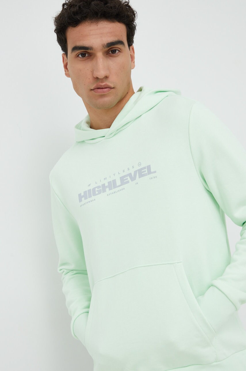 4f bluza barbati, culoarea verde, cu glugă, cu imprimeu