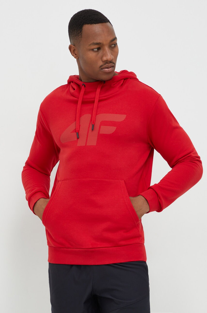 4f bluza barbati, culoarea rosu, cu glugă, cu imprimeu