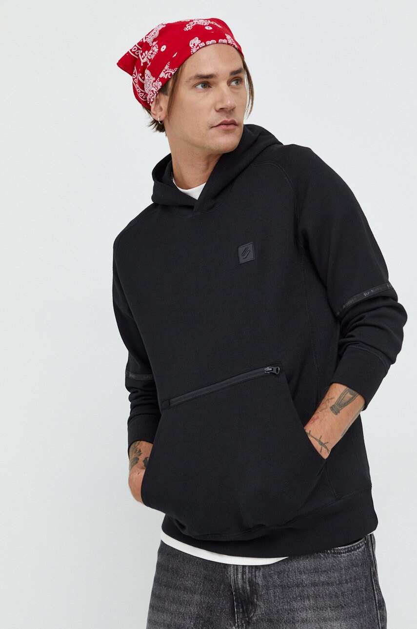 Superdry bluza barbati, culoarea negru, cu glugă, neted