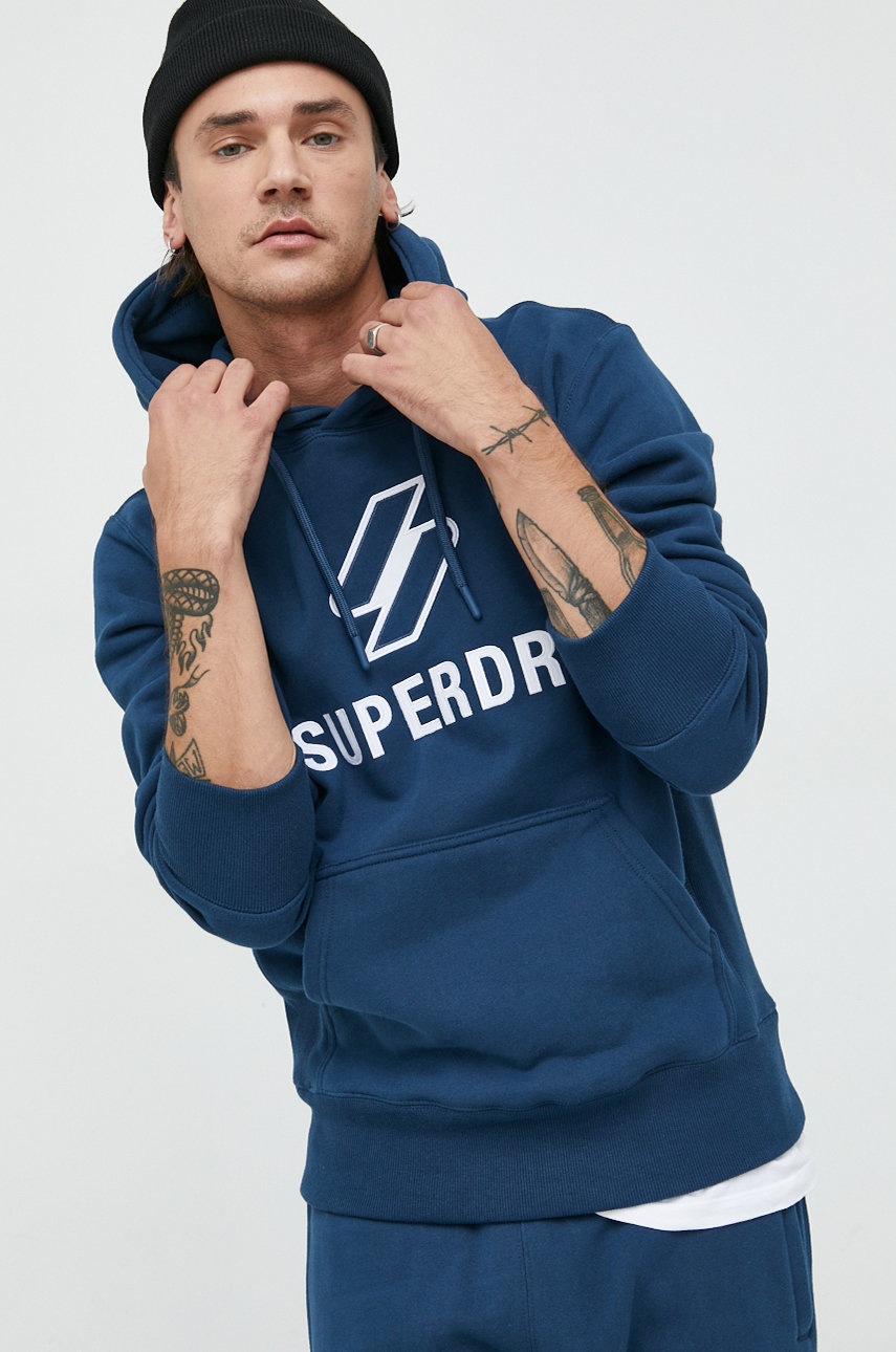 Superdry hanorac de bumbac barbati, culoarea albastru marin, cu glugă, cu imprimeu