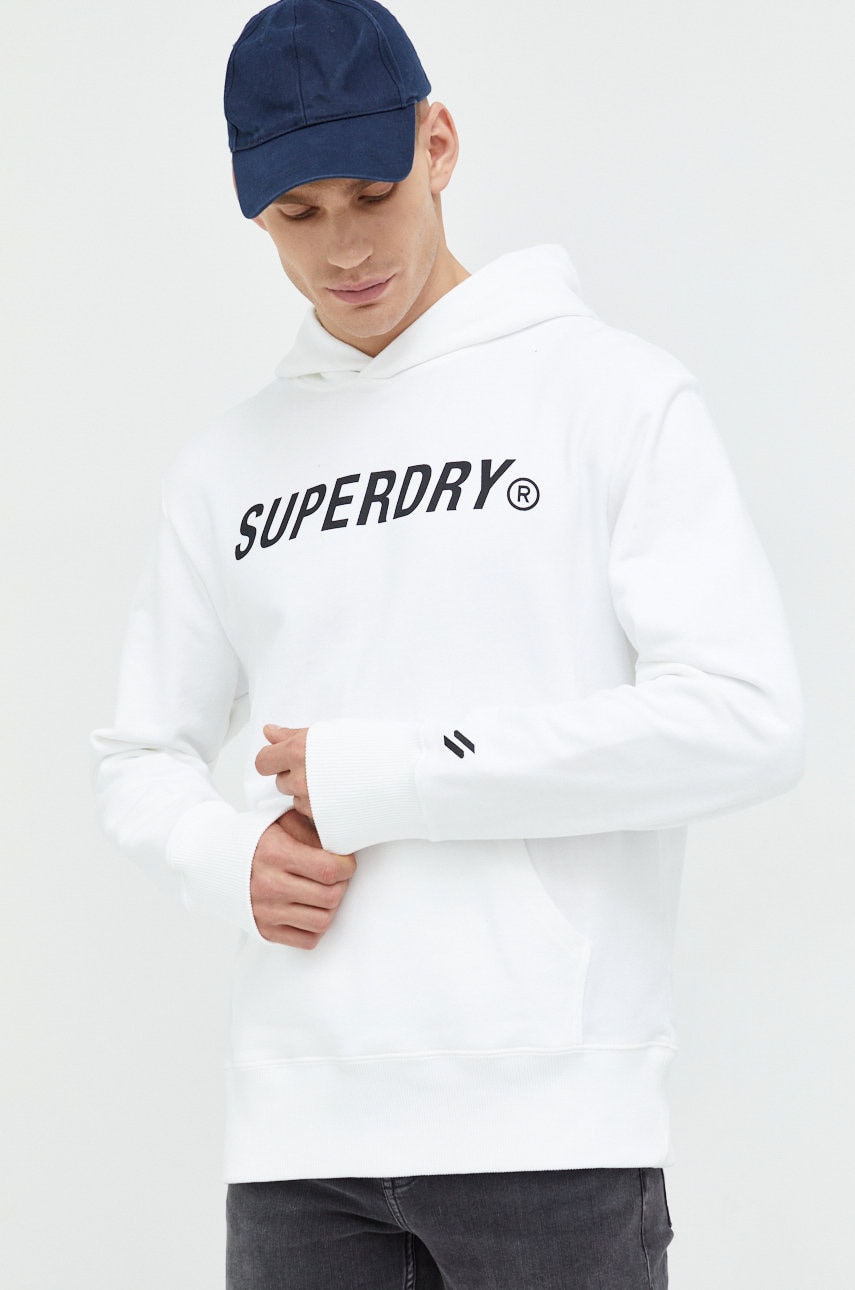 Superdry hanorac de bumbac barbati, culoarea alb, cu glugă, cu imprimeu