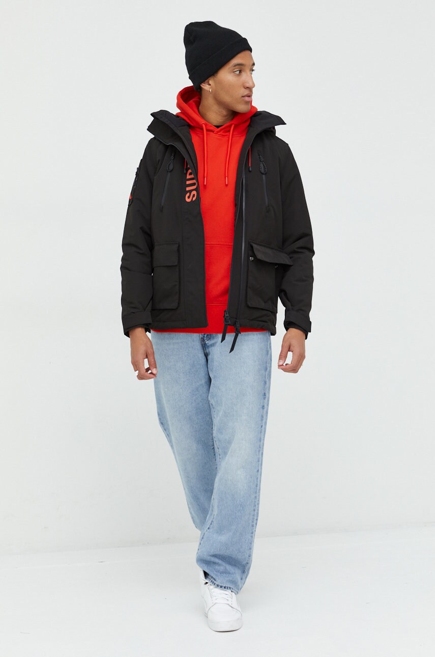 

Хлопковая кофта Superdry мужская цвет красный с капюшоном однотонная