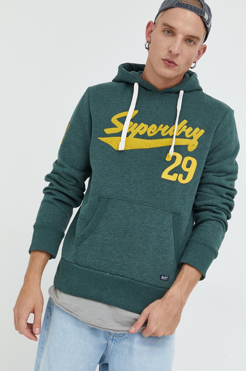 Superdry bluza barbati, culoarea verde, cu glugă, cu imprimeu